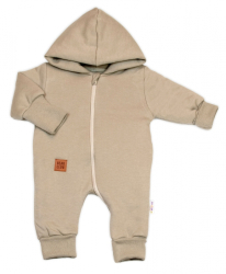 Bavlněný oteplený overálek s kapucí, rukavičky, botky, 3D sada Nature - taupe